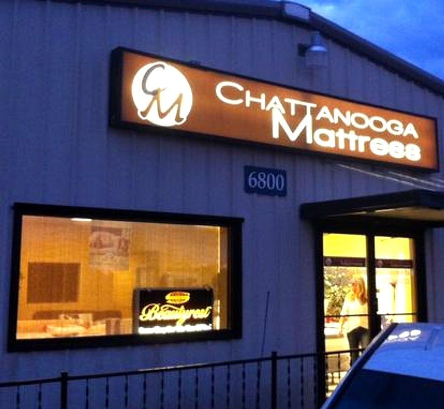 Chattanooga Mattress storefront with the illuminated CM sign